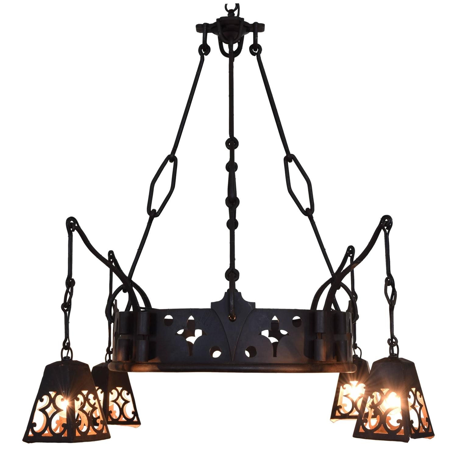 Signed Wrought & Cast Iron Chandelier with Hanging Lantern / robuck.co